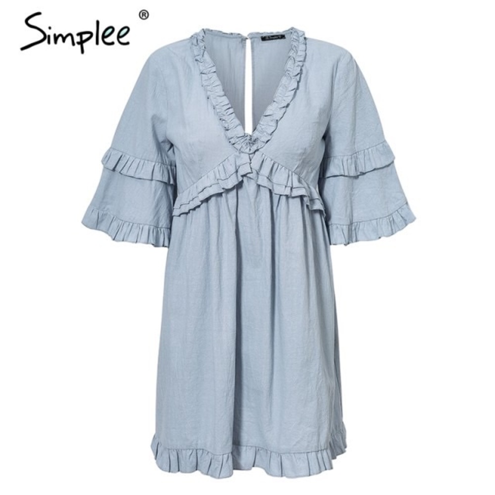 Simplee Elegant Solid Ruffle Short Sleeve Dress Blue Size Small NWT - Picture 3 of 16